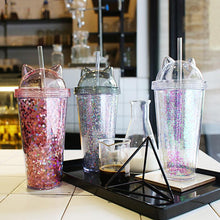 Load image into Gallery viewer, Plastic Cup with Straw Sequin Double Layer Water Bottle Cat Ear Cute Tumbler For Birthday Gift Summer Drinkware Dropshipping
