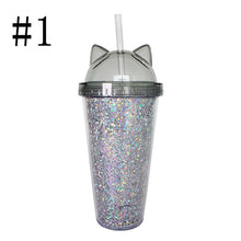 Load image into Gallery viewer, Plastic Cup with Straw Sequin Double Layer Water Bottle Cat Ear Cute Tumbler For Birthday Gift Summer Drinkware Dropshipping