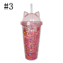 Load image into Gallery viewer, Plastic Cup with Straw Sequin Double Layer Water Bottle Cat Ear Cute Tumbler For Birthday Gift Summer Drinkware Dropshipping
